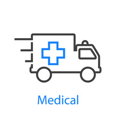 Obraz premium Primeros auxilios. Logo Medical con ambulancia con lineas de velocidad en color azul y gris