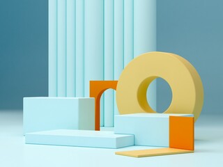 Minimal scene with podium and abstract background. Blue pastel colors scene.  Yellow geometric shape. Minimal 3d rendering. Scene with geometrical forms, blue background, and orange arch. 3d render. 