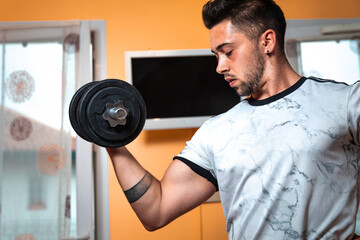 Young caucasian woman raising weights at home.