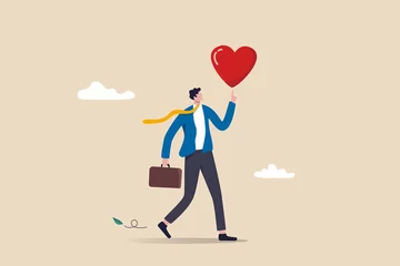 Foto op Plexiglas Work passion to motivate and inspire employee to achieve career success, love your job or happy and enjoy working dream job concept, happy businessman holding passionate heart shape walking to work. © Nuthawut