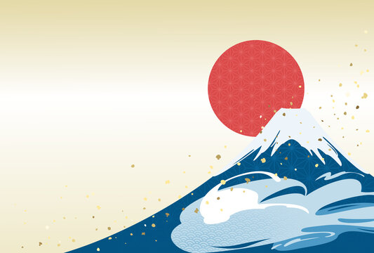 和風背景/フレーム素材　赤い太陽と富士山　年賀状・ポスター・チラシなどに