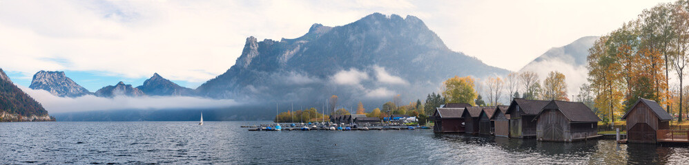 panorama landscape lake Traunsee, lakeside Ebensee with boathouses and harbor