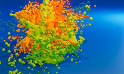 Colorful abstract liquid splash mixing together on blue gradient background. 3D rendering