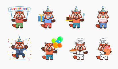 Cute red panda characters in birthday party set. Cheerful red panda hold gift box, cake, balloons, banner, cupcake and other situations. Vector illustration bundle