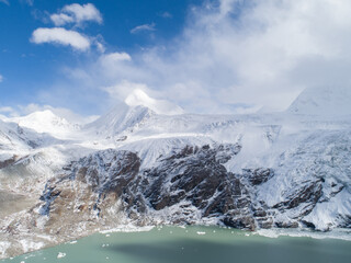 Aerial view of glacier mountains and lagoon in Tibet,China