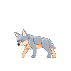 Obraz premium Young wolf cub is looking for prey. Cartoon character of a dangerous mammal animal. A wild forest creature with gray fur. Side view. Vector flat illustration isolated on a white background