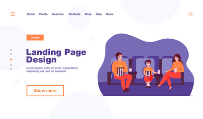 Naklejka premium Father, mother and son in 3d glasses sitting in chairs, holding popcorn buckets and soda and watching funny movie in cinema theatre. Vector illustration for family leisure time, entertainment concept