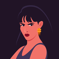 The portrait of an angry Latin American woman in half-turn. The avatar for social networks. Vector illustration in flat style.