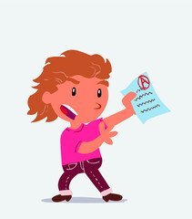 cartoon character of little girl on jeans arguing effusively with exam in hand.