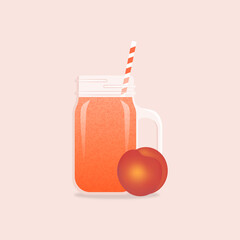 illustration of orange juice in a glass drink jar with a straw for drinks and with nectarine, peach, apricot