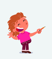 cartoon character of little girl on jeans is happy while pointing to the side with a pencil