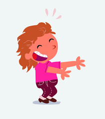 cartoon character of little girl on jeans laughing a lot while showing something