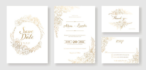Gold Wedding Invitation, save the date, thank you, rsvp card Design template. Vector. winter flower, Rose, leaves, Wax flower