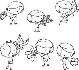 vector cartoon boys holding flowers and leaf border card set