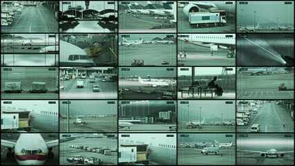 Many security cameras installed in airport terminals and on the runway.