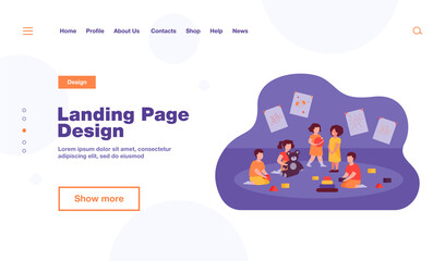 Group of diverse kids playing in kindergarten. Little children with toy pyramid, teddy bear and ball in playroom. For daycare, preschool education, learning games concept