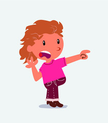Surprised cartoon character of little girl on jeans pointing at something