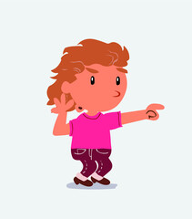 Surprised cartoon character of little girl on jeans points to something
