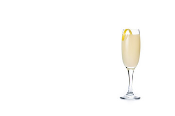 French 75 cocktail in glass isolated on white background. Copy space