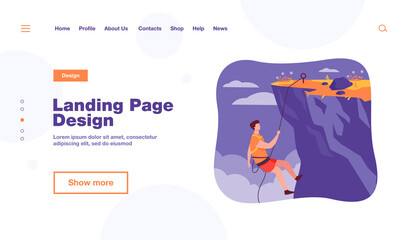 Climber hanging on rope and pulling himself on top of rocky mountain wall. Extreme mountaineer climbing on cliff. For sport, outdoor activity, risk, alpinist concept