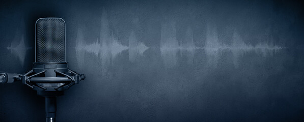 Fototapeta 	
Podcast background with studio microphone and waveform on dark blue concrete background. Podcasting banner design with copy space obraz