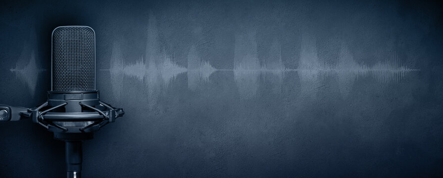 	
Podcast background with studio microphone and waveform on dark blue concrete background. Podcasting banner design with copy space