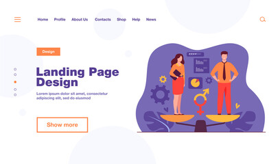 Gender equality concept. Equal business man and woman on balance scale. Male and female employees with equal career opportunities. Workforce without gender discrimination