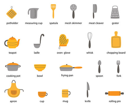Set of kitchen tools with names. Vector illustrations.