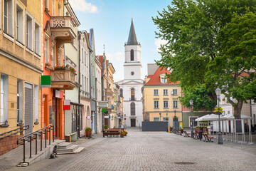 View of  church of Our Lady of Czestochowa from Stary Rynek square in Zielona Gora, Polnad