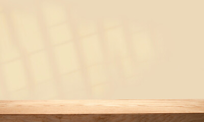 background with reflection on the wall with empty wooden table. For display mounting
