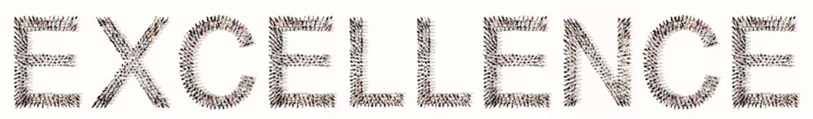 Concept conceptual large community of people forming EXCELLENCE message. 3d illustration metaphor to business, success, profesional, quality, efficiency, leadership, best, teamwork, award and vision