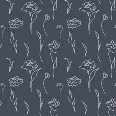 Seamless floral pattern, drawing with white chalk on a grey background, roses, twigs, petals.