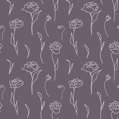 Seamless floral pattern, drawing with white chalk on a brown background, roses, twigs, petals.