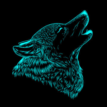 Wolf head illustration on black background - howling grey neon wolf head.
