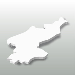 North Korea, Democratic Peoples Republic of Korea, DPRK - white 3D silhouette map of country area with dropped shadow on grey background. Simple flat vector illustration.
