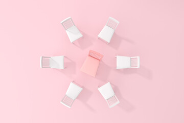 Fototapeta na wymiar Minimal scene of pink chair around with white chairs, Leadership concept, Top view, 3d rendering. 