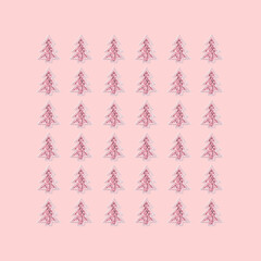 Christmas holiday pattern with pink toy Christmas tree with sparkling sequins inscribed in square, New Year tree