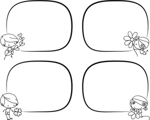 vector cartoon boy and girl holding flowers and leaf border card set