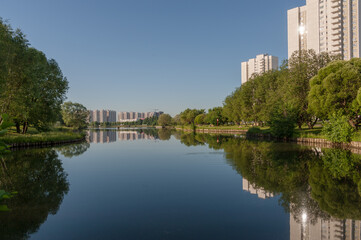 Fototapeta na wymiar Quiet morning on the pond of the city park