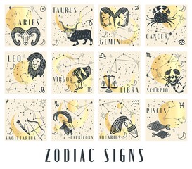 Set of Zodiac signs icons in boho style. trendy vector illustrations.Horoscope sign line art silhouette design vector illustration. Creative decorative elegant astrology zodiac emblem - obrazy, fototapety, plakaty