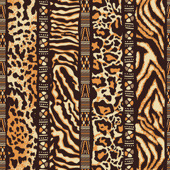 Striped wild animal skins patchwork with African tribal motifs abstract vector seamless pattern