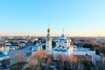 spring top view of vologda landscape, church and cathedral, view in russia orthodoxy architecture