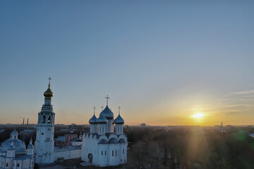 Fototapeta na wymiar spring top view of vologda landscape, church and cathedral, view in russia orthodoxy architecture