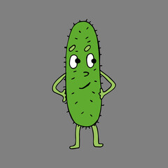 Funny cartoon character cucumber. Vegetables and fruits. Vector illustration. Isolated. Doodles. Comics. Coloring pages for children and adults.
