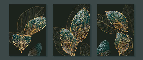 Luxury gold wallpaper.  Black and golden abstract background. Tropical leaves wall art design with dark blue and green color, shiny golden light texture. Modern art mural wallpaper. © TWINS DESIGN STUDIO