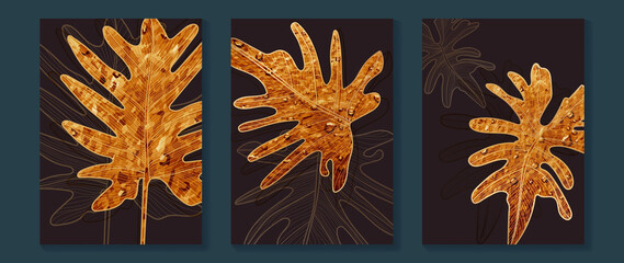 Luxury gold wallpaper.  Black and golden abstract background. Tropical leaves wall art design with dark blue and green color, shiny golden light texture. Modern art mural wallpaper.