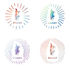 Phuket low poly sunburst set. Logo of the island in a geometric polygonal style. Vector illustration.