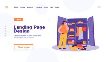 Thoughtful woman choosing clothes in wardrobe flat vector illustration. Cartoon lady standing in front of closet. Pile of dresses lying on floor. Fashion problems and dressing organization concept