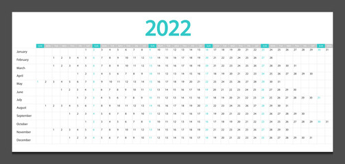 Calendar 2022 week start Sunday corporate design planner template.