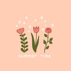 Little doodle flowers. Summer time lettering vector 
illustration.	
